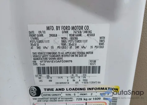 2010 Ford F-150 Fx4/Harley-Davidson/King Ranch/Lariat/Platinum/Xl/Xlt из США, поврежденный, VIN 1FTFW1EV3AFD39076